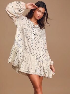 Free People Boho Tunic Dress Medium Cream Abstract Print Long Sleeve Viscose